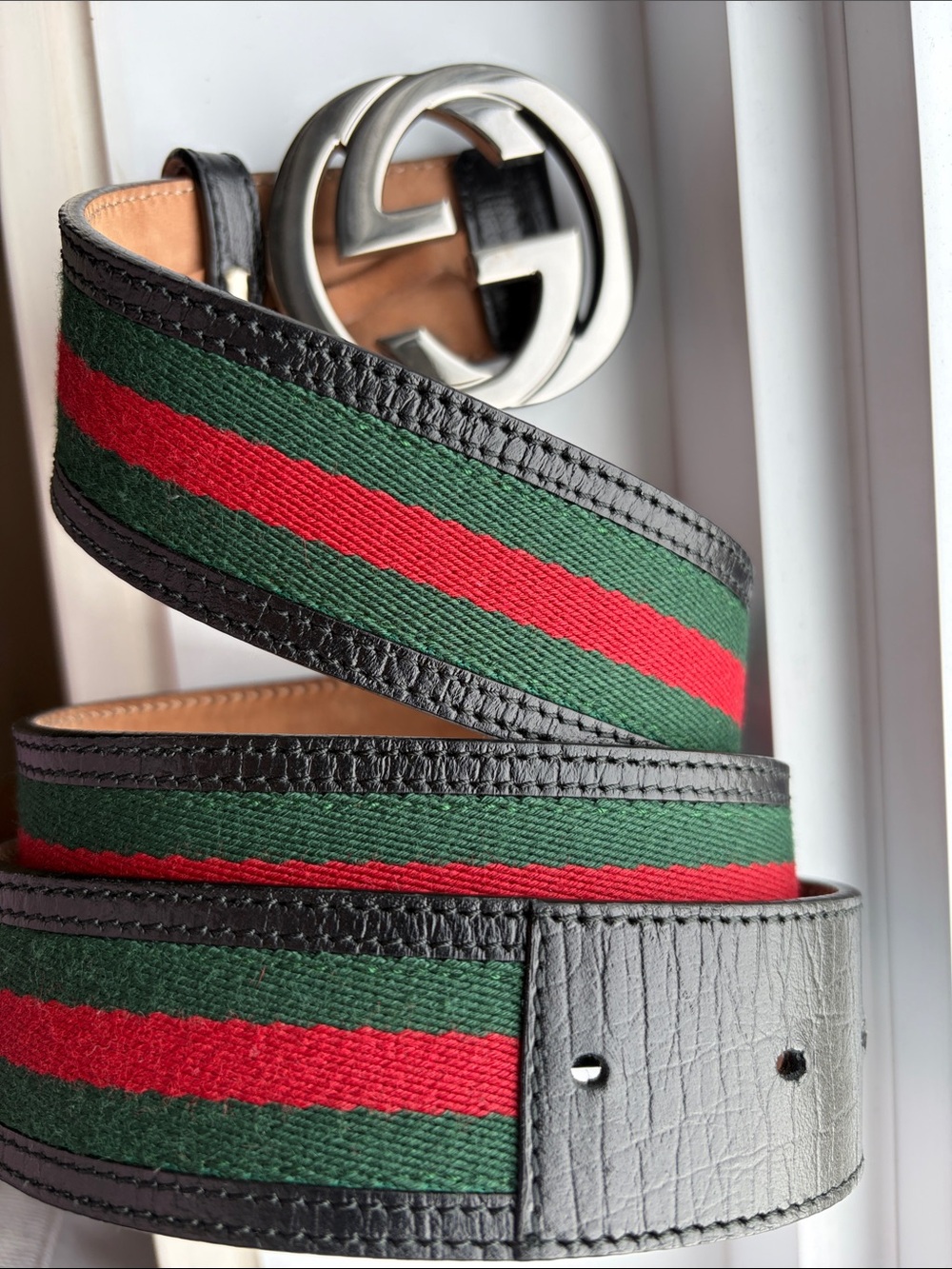 Green & Red Striped Men’s Web Belt with Silver Logo Buckle